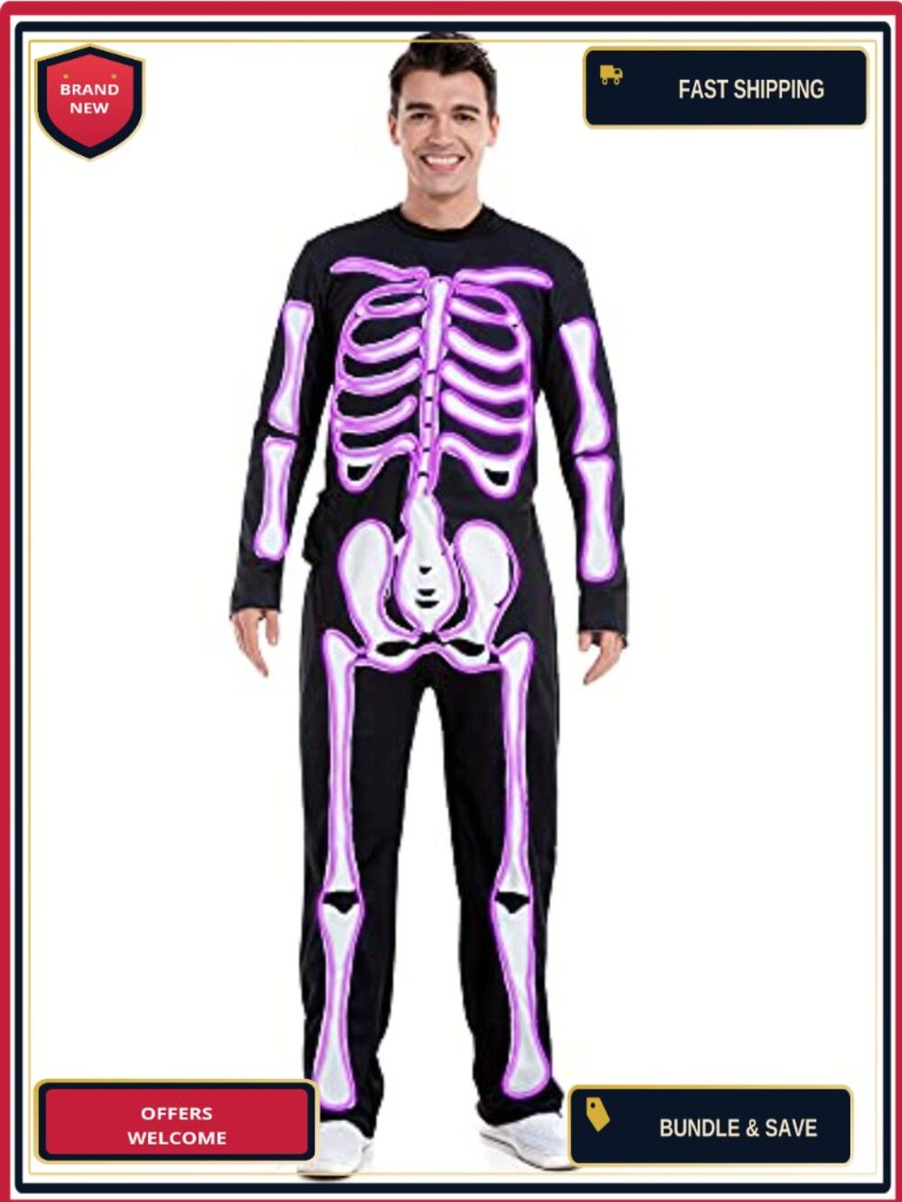 Light-Up Skeleton Costume LED Halloween Cosplay Adult Polyester Spandex
